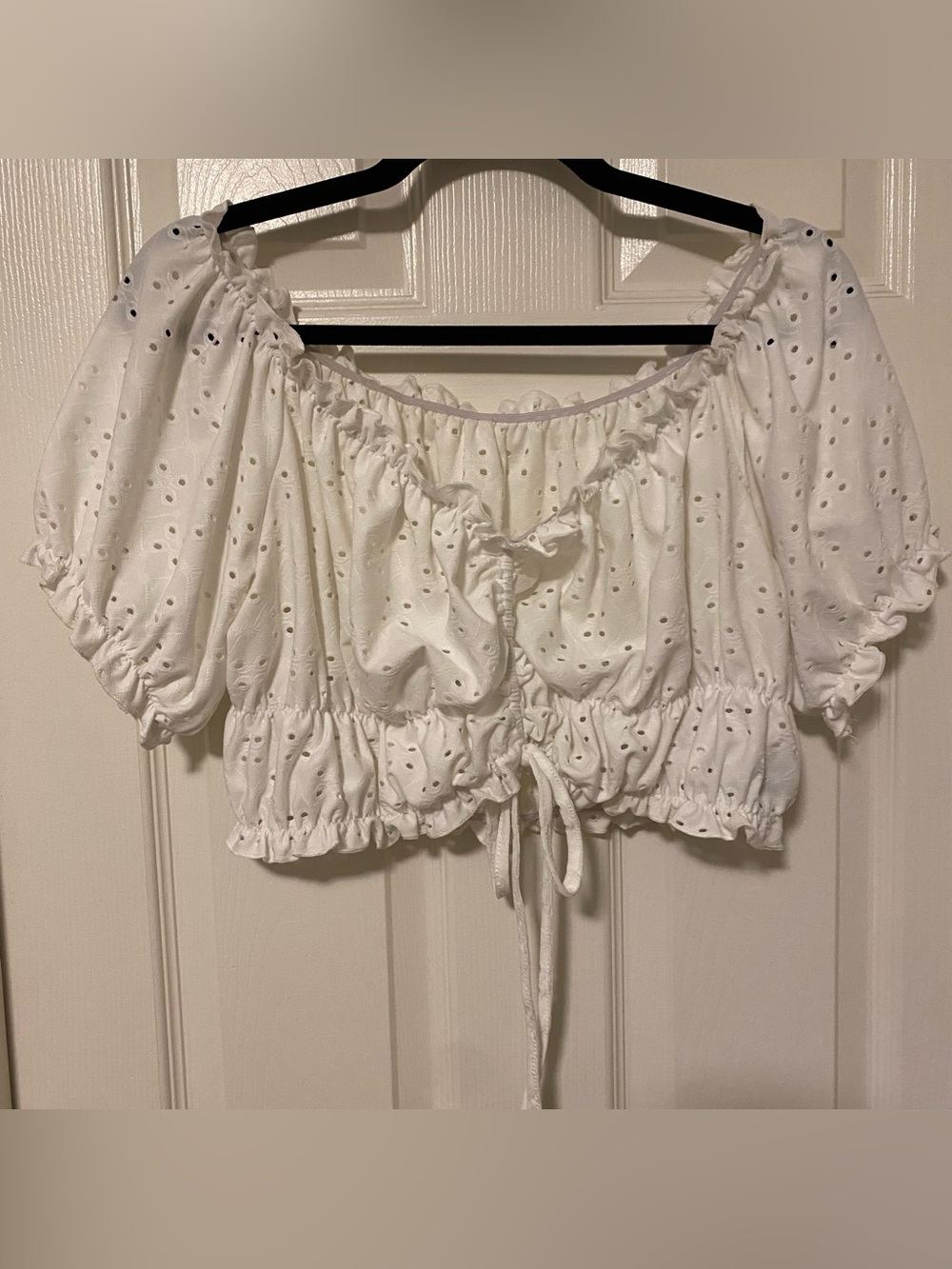 White Eyelet Puff Sleeve Cropped Blouse